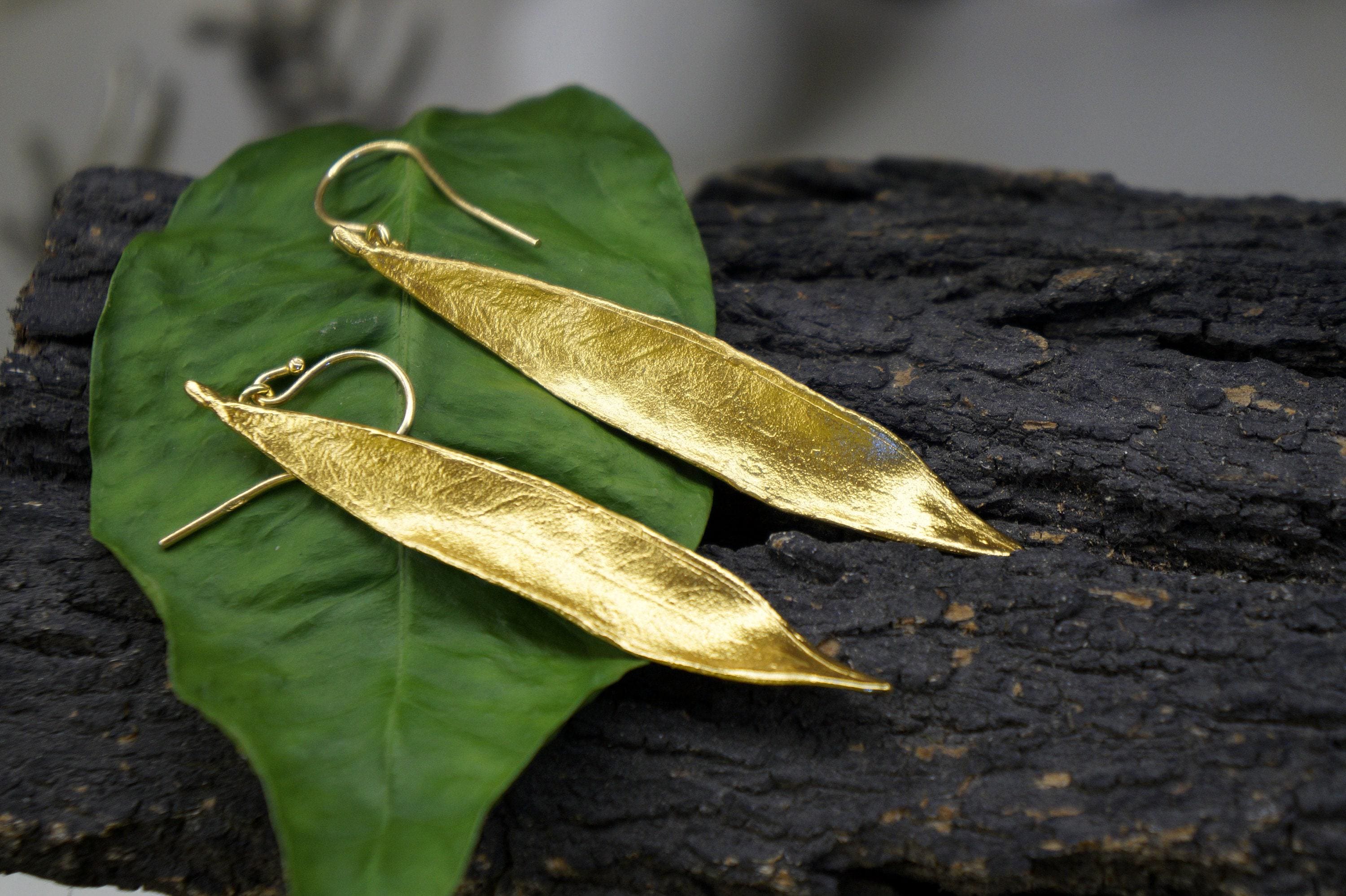 Gold-Silver Leaf Earrings, Gold-Plated Sterling Silver Jewelry, Olive Leaf Earrings, Dangle Earrings, Gift for Her, Handmade Gift for Women
