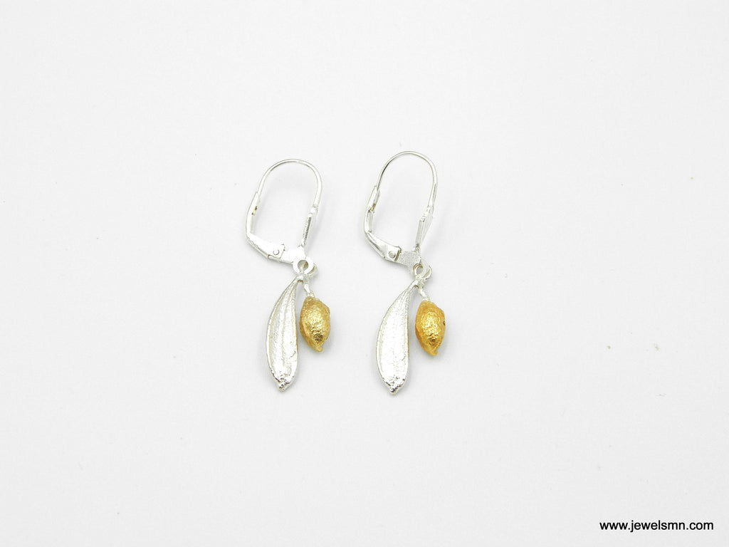 Olive Leaf Earrings, Sterling Silver and Gold Jewelry, Handmade Eco Design Gift for Women