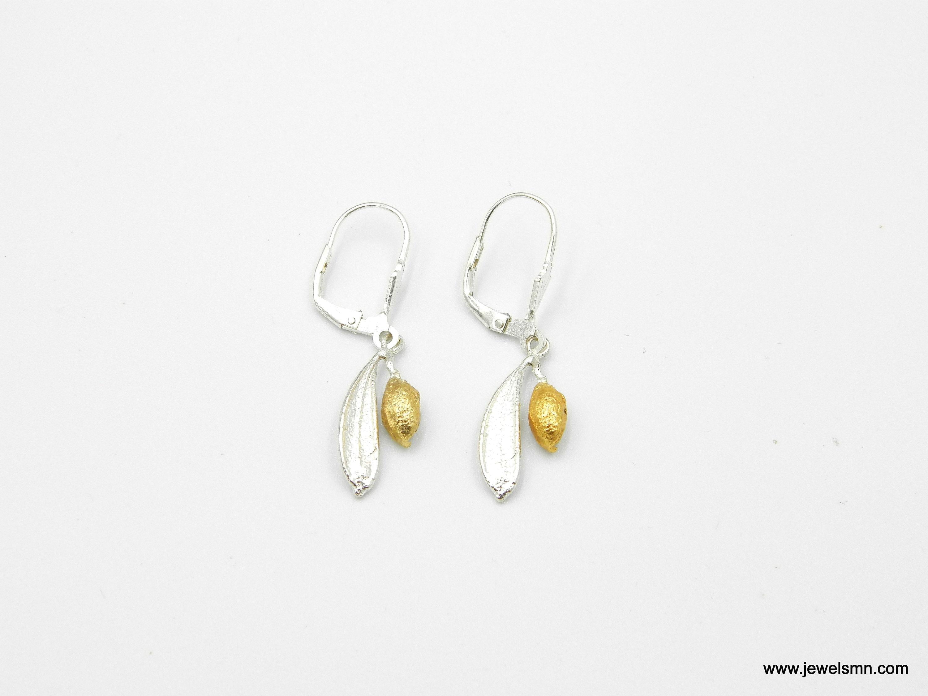 Olive Leaf Earrings, Sterling Silver and Gold Jewelry, Handmade Eco Design Gift for Women
