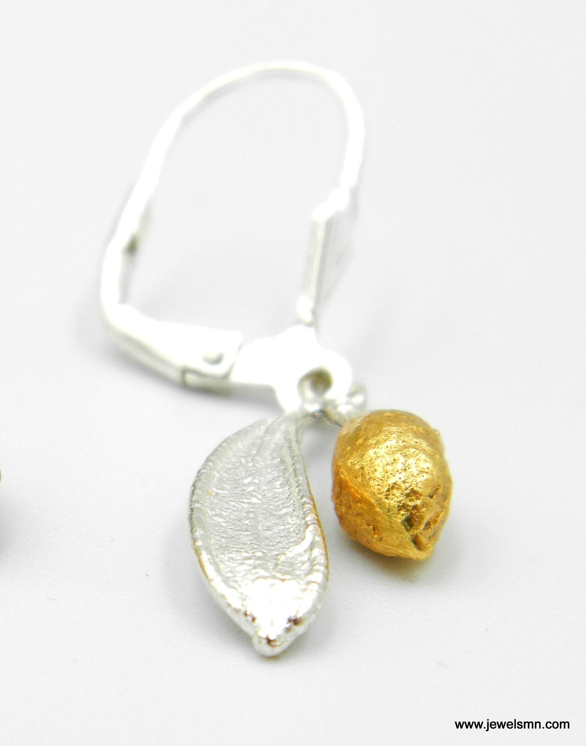 Olive Leaf Earrings, Sterling Silver and Gold Jewelry, Handmade Eco Design Gift for Women