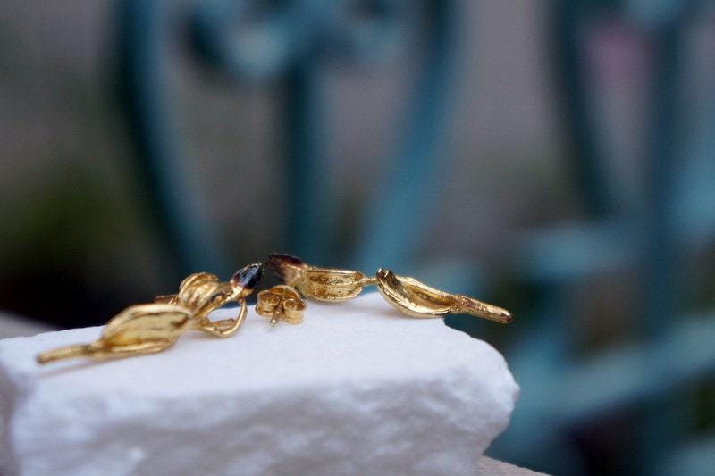 Naturalist Olive Earrings, Gold & Black Sterling Silver (Delicate Floral Design)