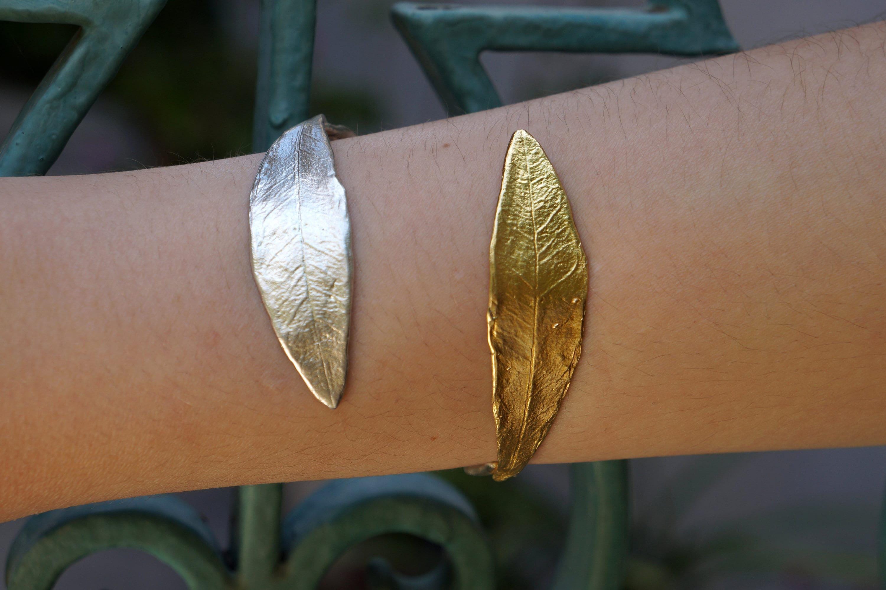 Gold Olive Leaf Bracelet, Gold-Plated Sterling Silver Jewelry, Gold-Silver Cuff, Gift for Her, Birthday Gift for Women, Handmade Jewelry
