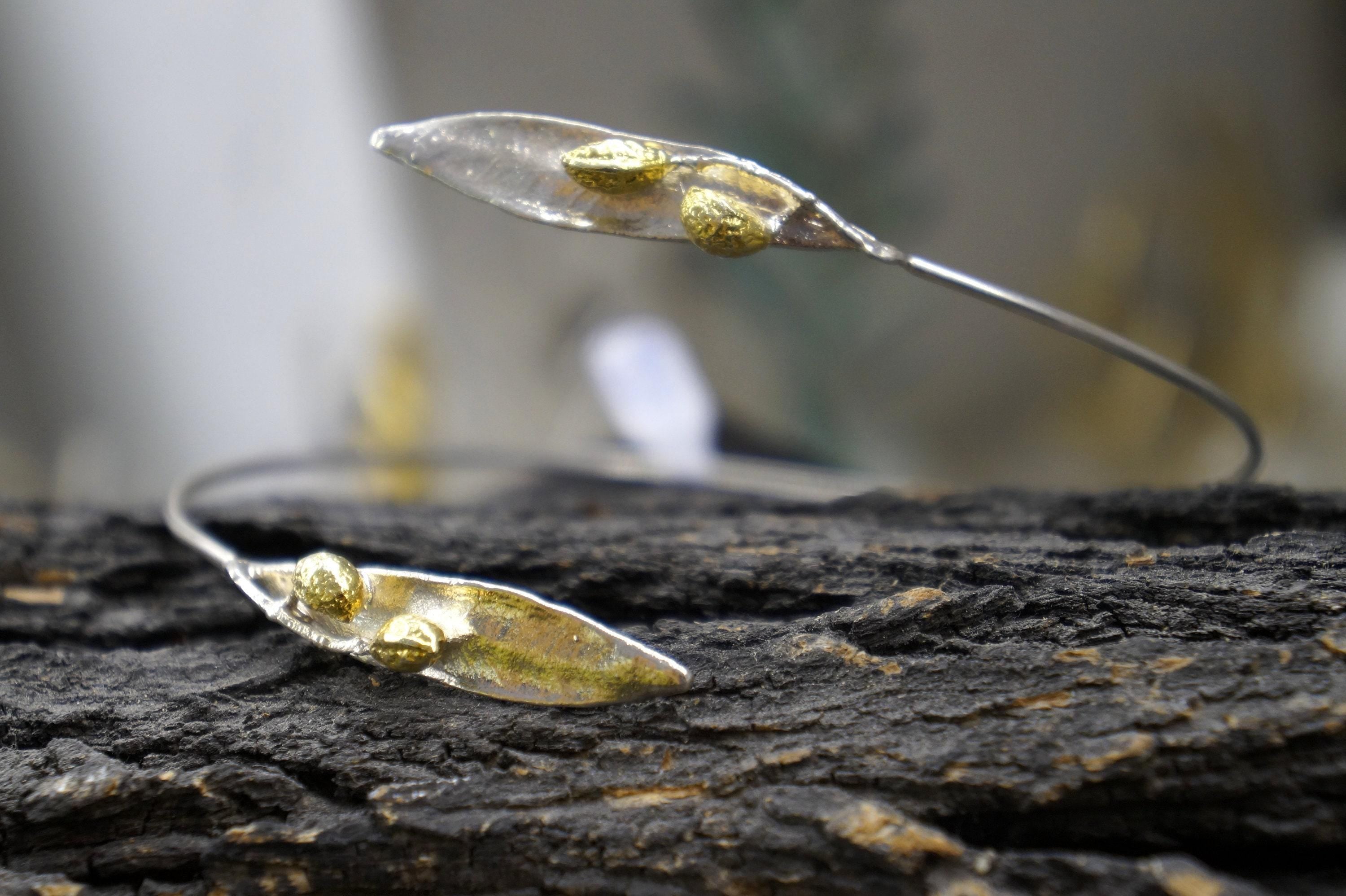 Olive Branch Arm Cuff - Handmade Sterling Silver with Gold Details
