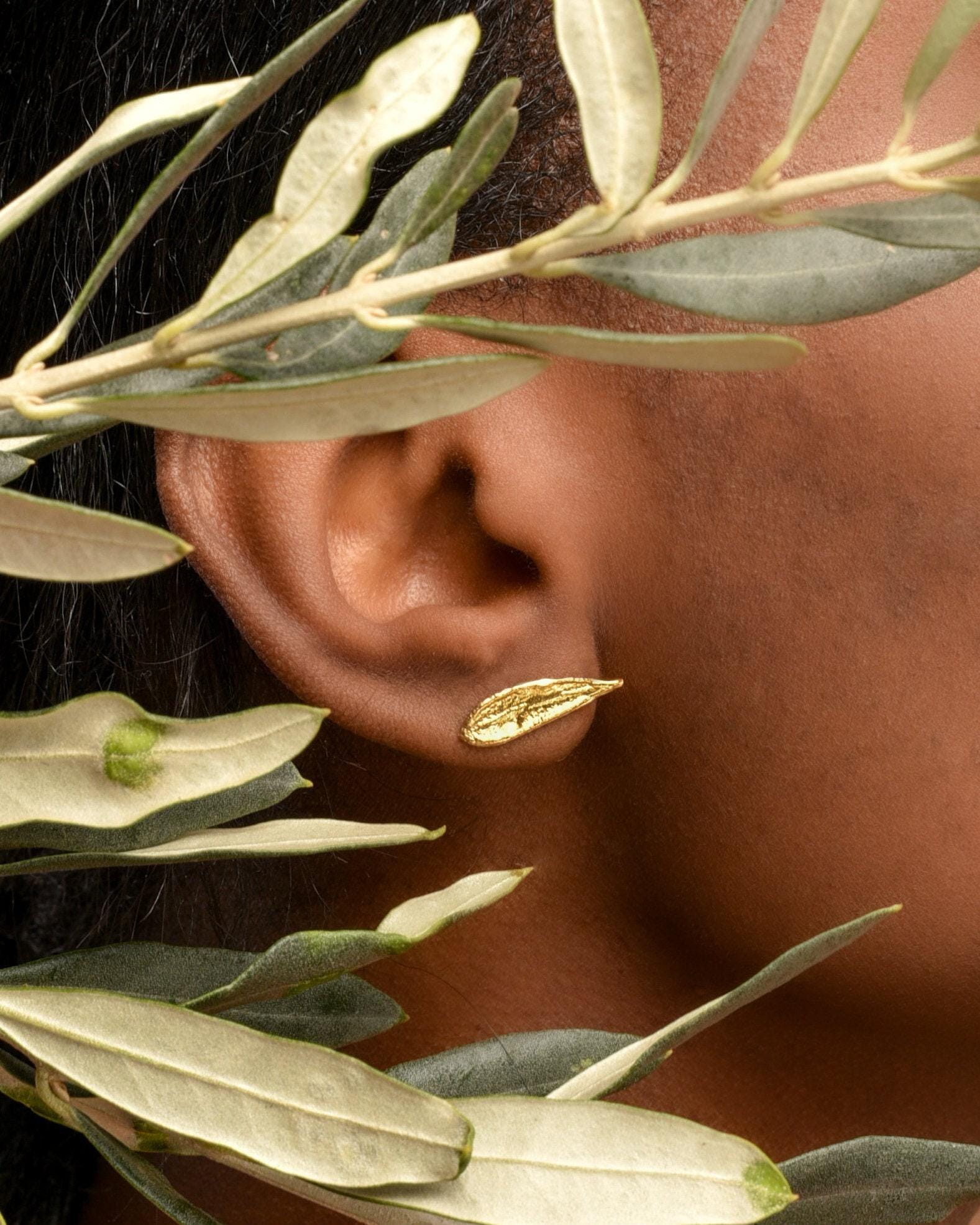 Olive Leaf Stud Earrings: Dainty Gold and Sterling Silver - Handmade