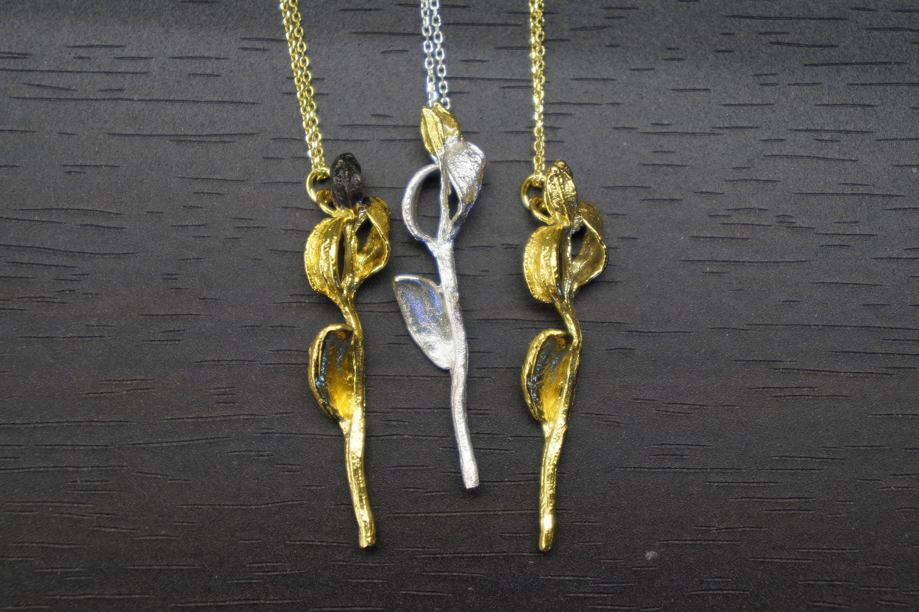 Olive Twig Necklace, Sterling Silver Gold-Plated Jewelry, Handmade Pendant for Women