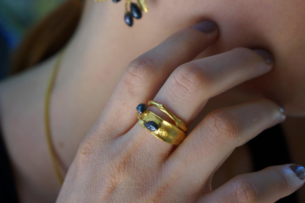 Nature-Inspired Olive Leaf Ring, Adjustable Gold-Plated Brass Band (Women’s Size)
