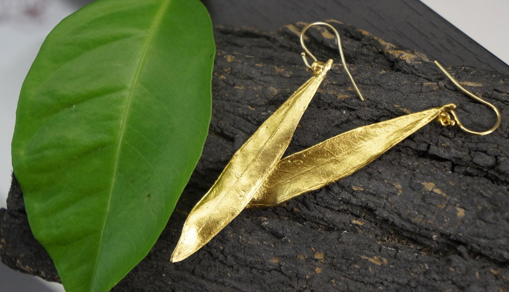 Silver 925 Olive Leaf Dangle Earrings - Real Leaves 14k Dipped Gold Plated- Rose plated