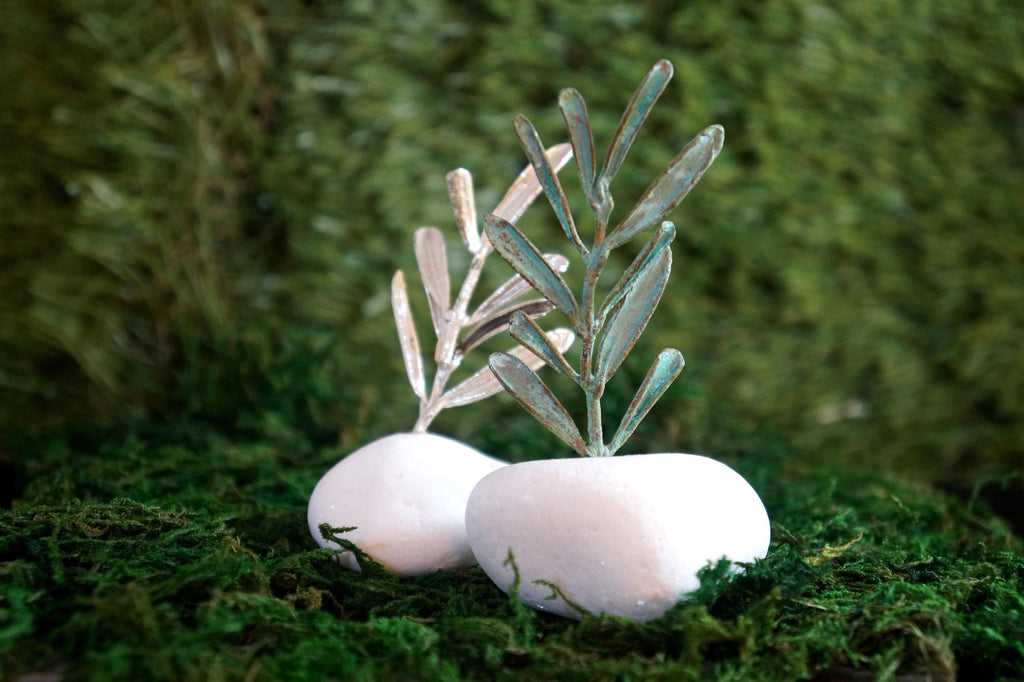 Olive Branch Decor on Sea Stone - Gold-Plated Brass
