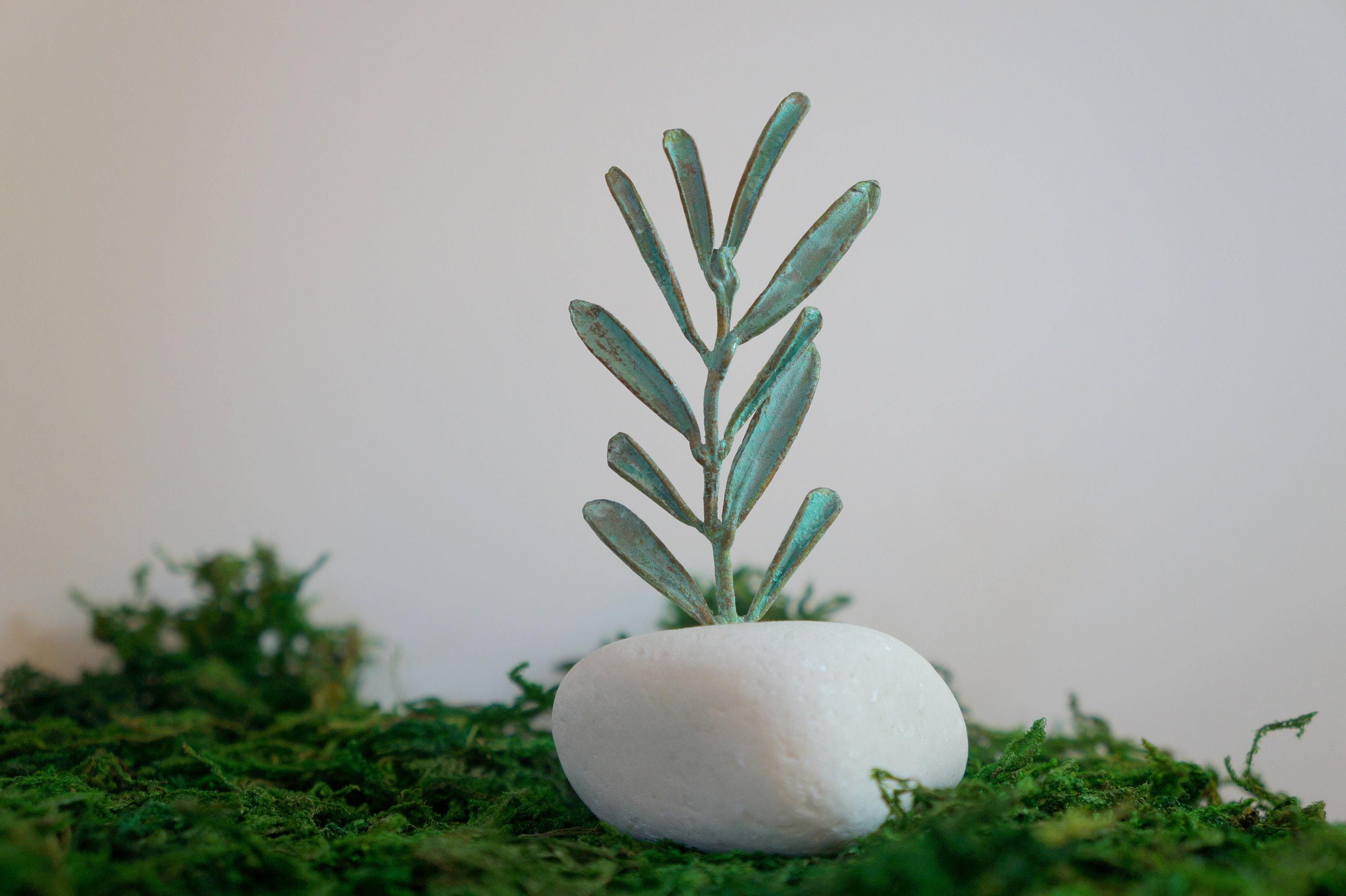 Olive Branch Decor on Sea Stone - Gold-Plated Brass