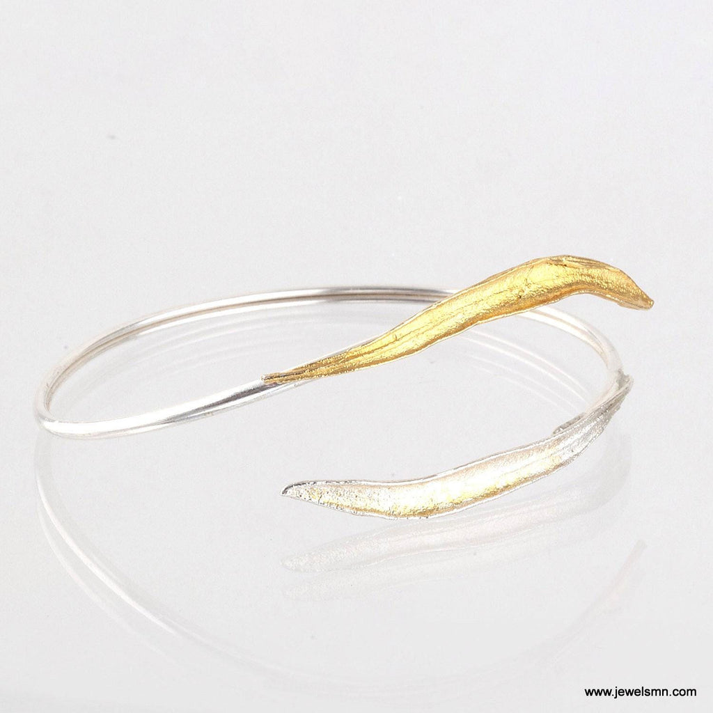 Nature Inspired Silver Cuff Bracelet, Wild Olive Leaf (Adjustable Eco Jewelry)