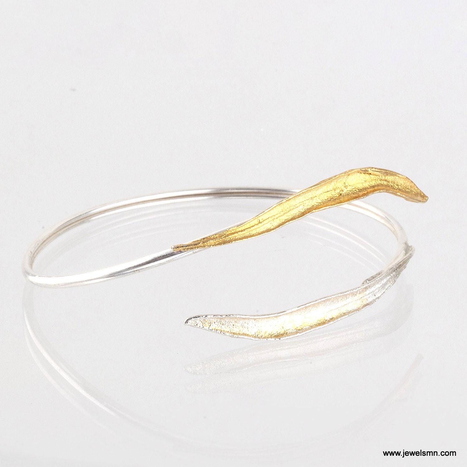 Nature Inspired Silver Cuff Bracelet, Wild Olive Leaf (Adjustable Eco Jewelry)