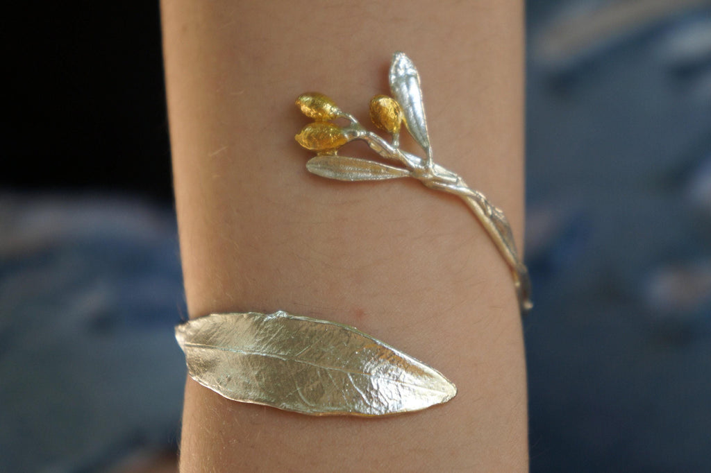 Gold Olive Branch Bracelet, Gold-Plated Sterling Silver Jewelry, Adjustable Cuff, Gift for Her, Birthday Gift for Women, Handmade Jewelry