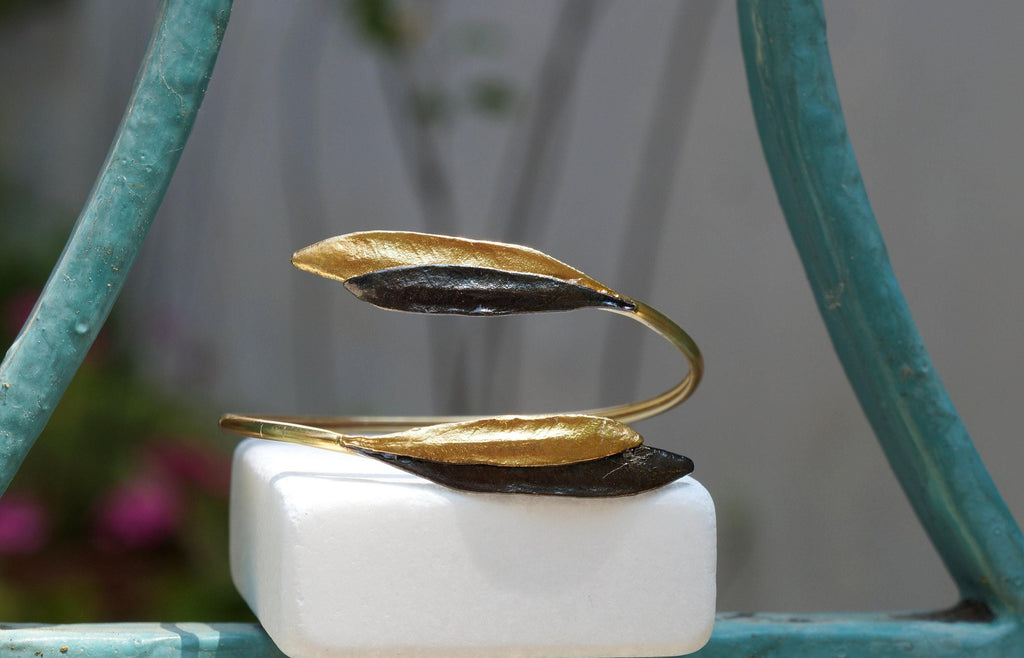 Olive Leaf Cuff Bracelet - Adjustable Gold-Plated Brass and Black Rhodium Finish