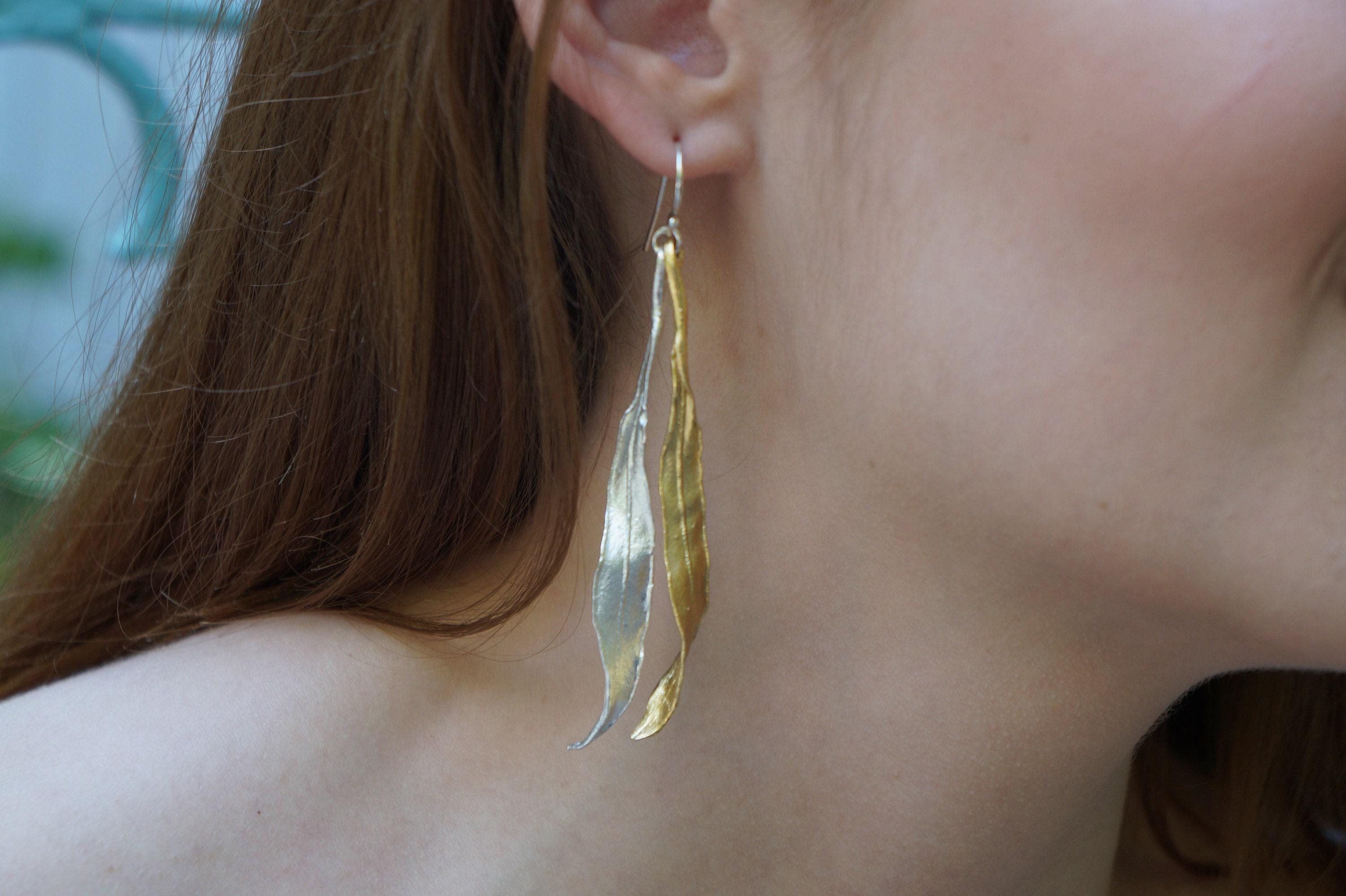 Real Olive Leaf Earrings: Long Two-Tone Dangle for Nature Lovers