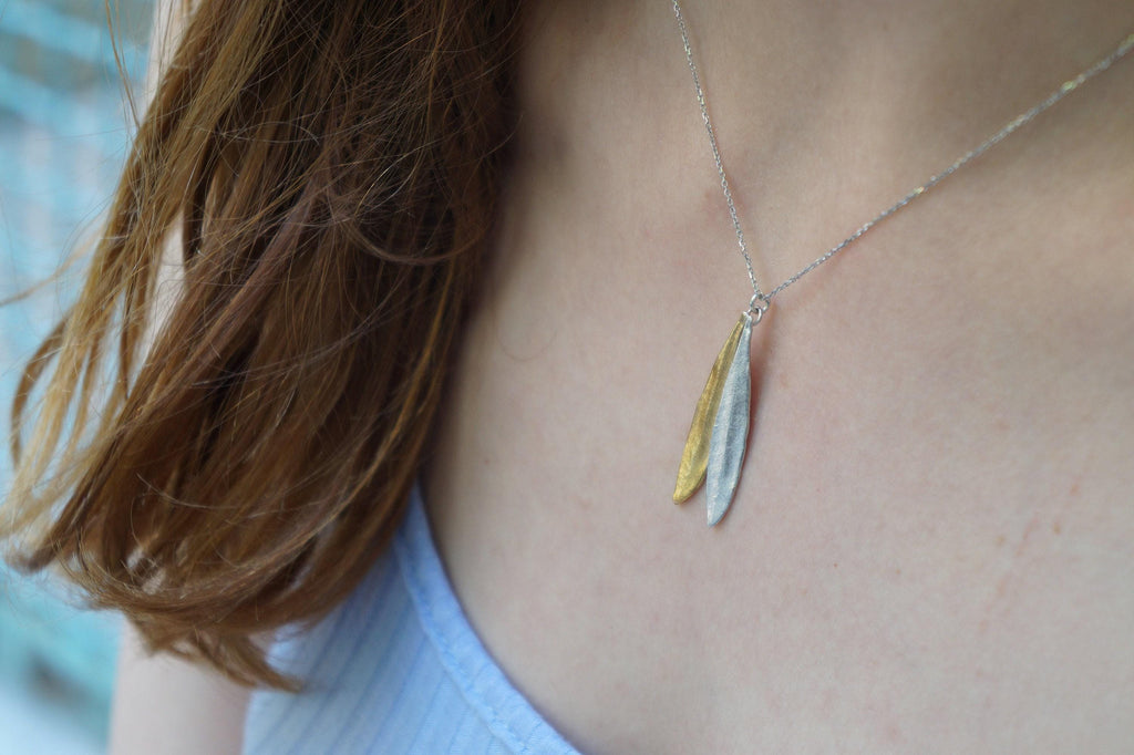 Botanical Two Tone Necklace, Olive Leaves Pressed (Sterling Silver)