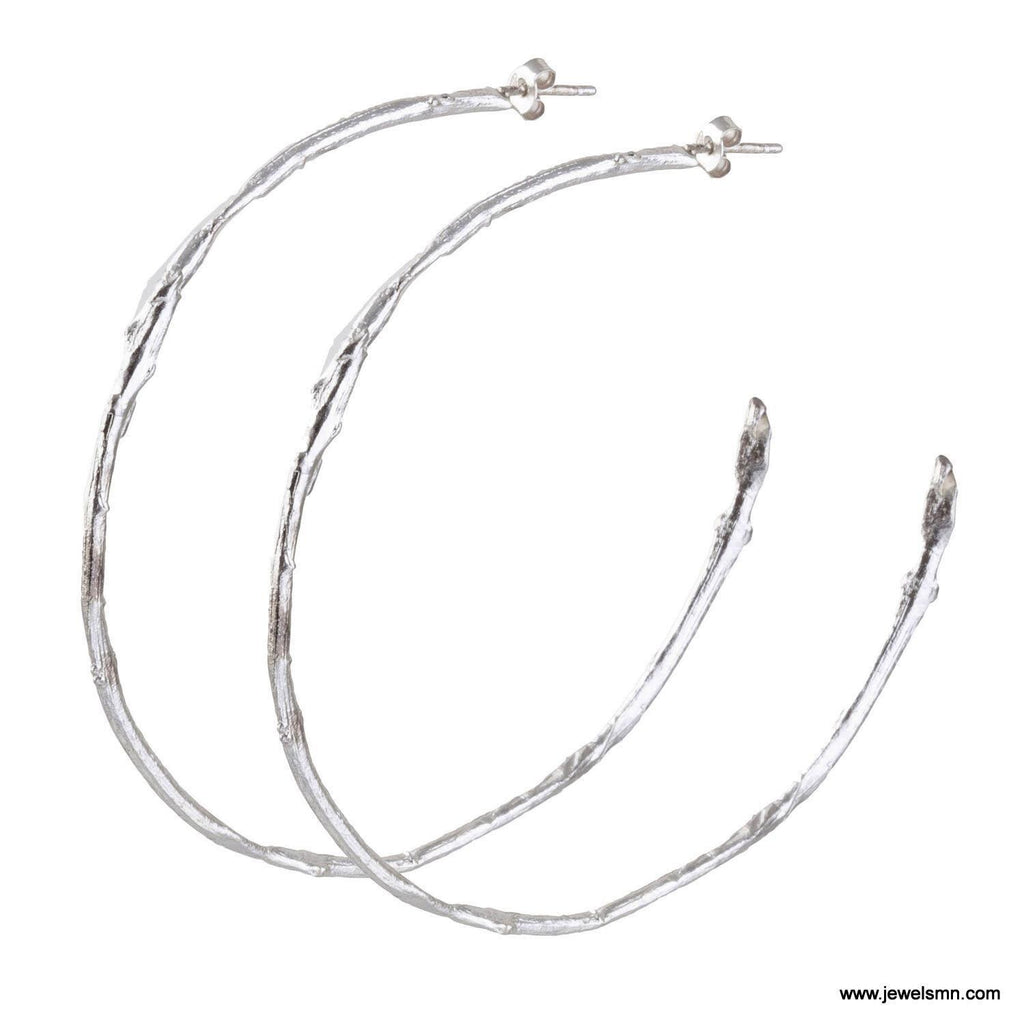 Boho Gold Plated Hoop Earrings, Olive Twig Design (Lightweight Silver)