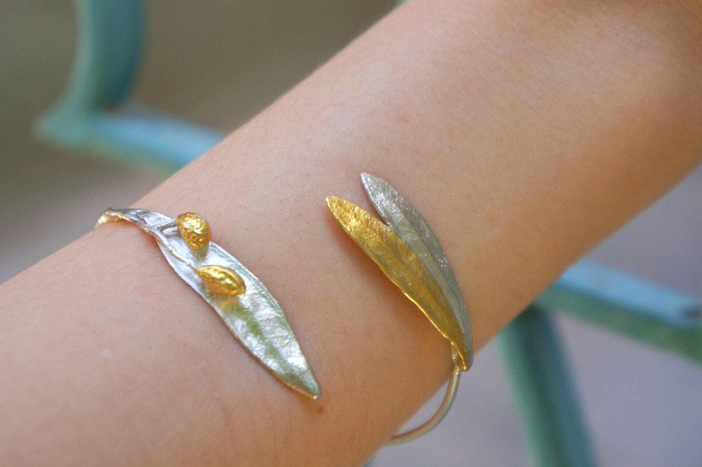 Sterling Silver Cuff Bracelet: Olive Leaf Design - Adjustable Gold Accent