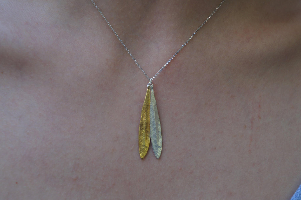 Botanical Two Tone Necklace, Olive Leaves Pressed (Sterling Silver)