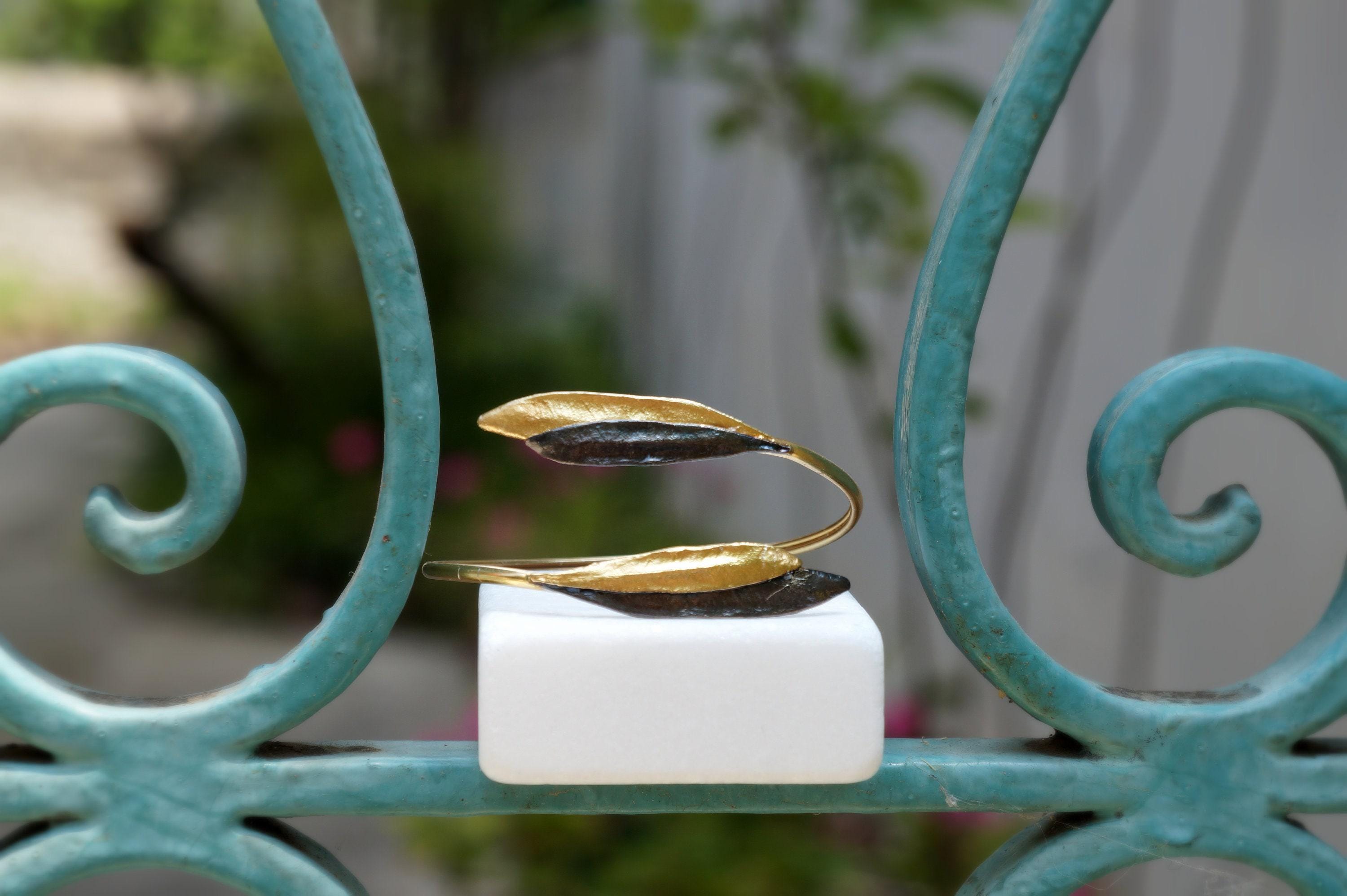 Olive Leaf Cuff Bracelet - Adjustable Gold-Plated Brass and Black Rhodium Finish