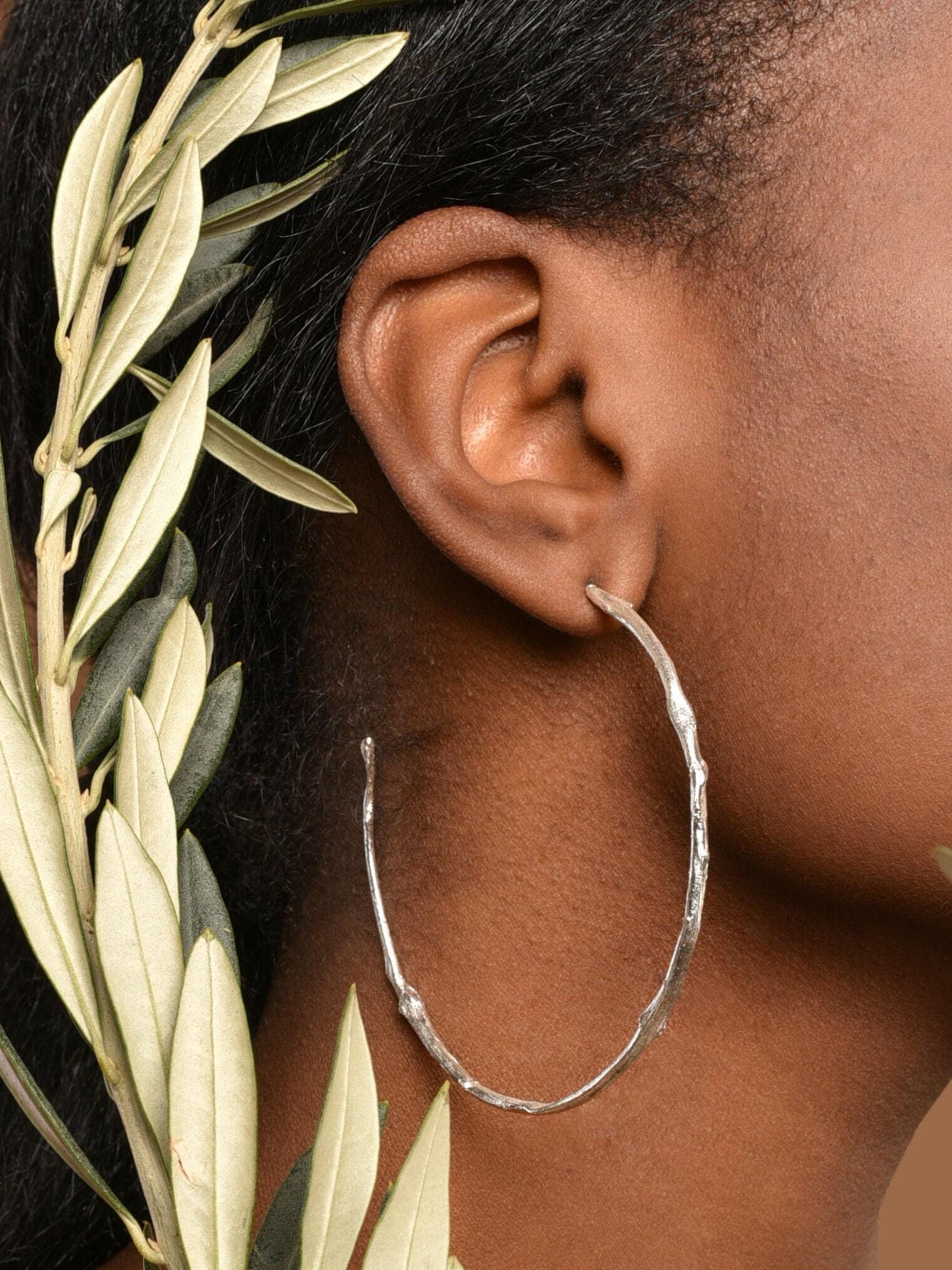Boho Gold Plated Hoop Earrings, Olive Twig Design (Lightweight Silver)