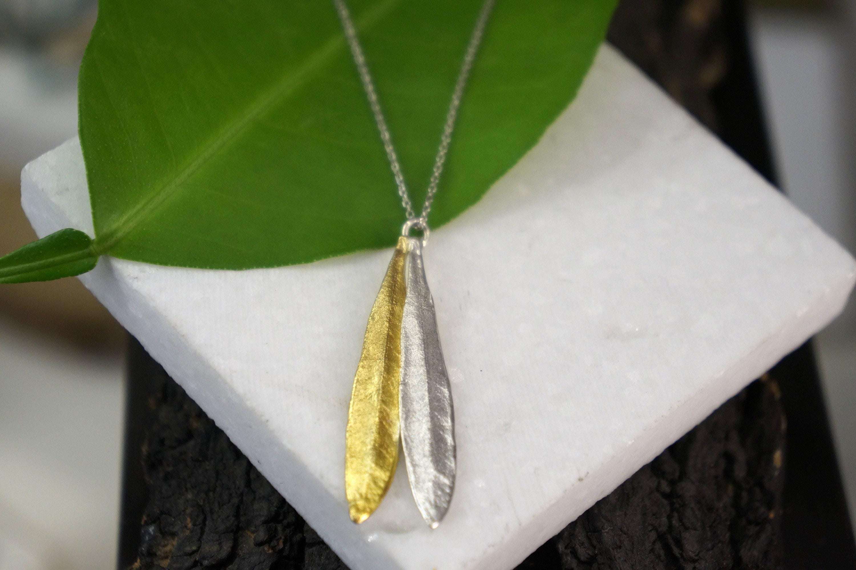 Botanical Two Tone Necklace, Olive Leaves Pressed (Sterling Silver)