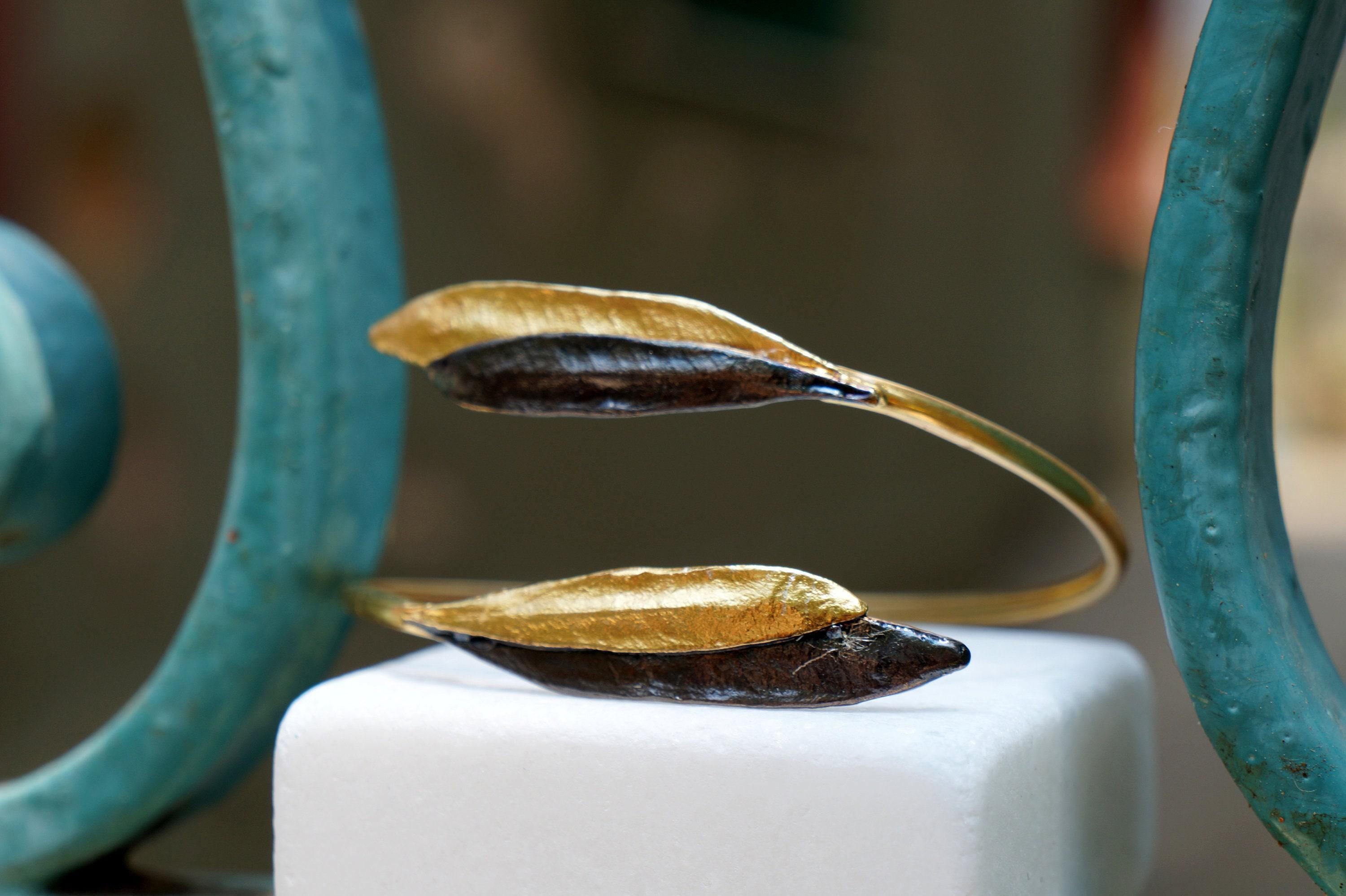 Olive Leaf Cuff Bracelet - Adjustable Gold-Plated Brass and Black Rhodium Finish
