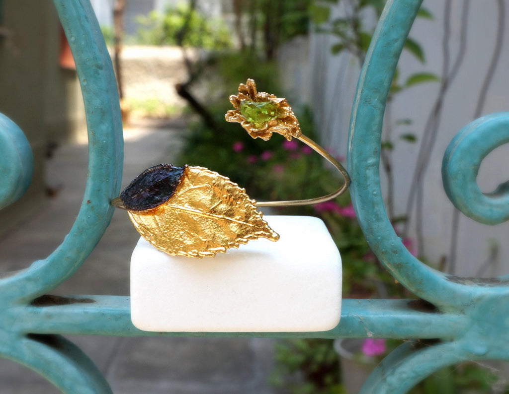Gold Leaf Cuff Bracelet - Real Flowers with Green Murano Stone