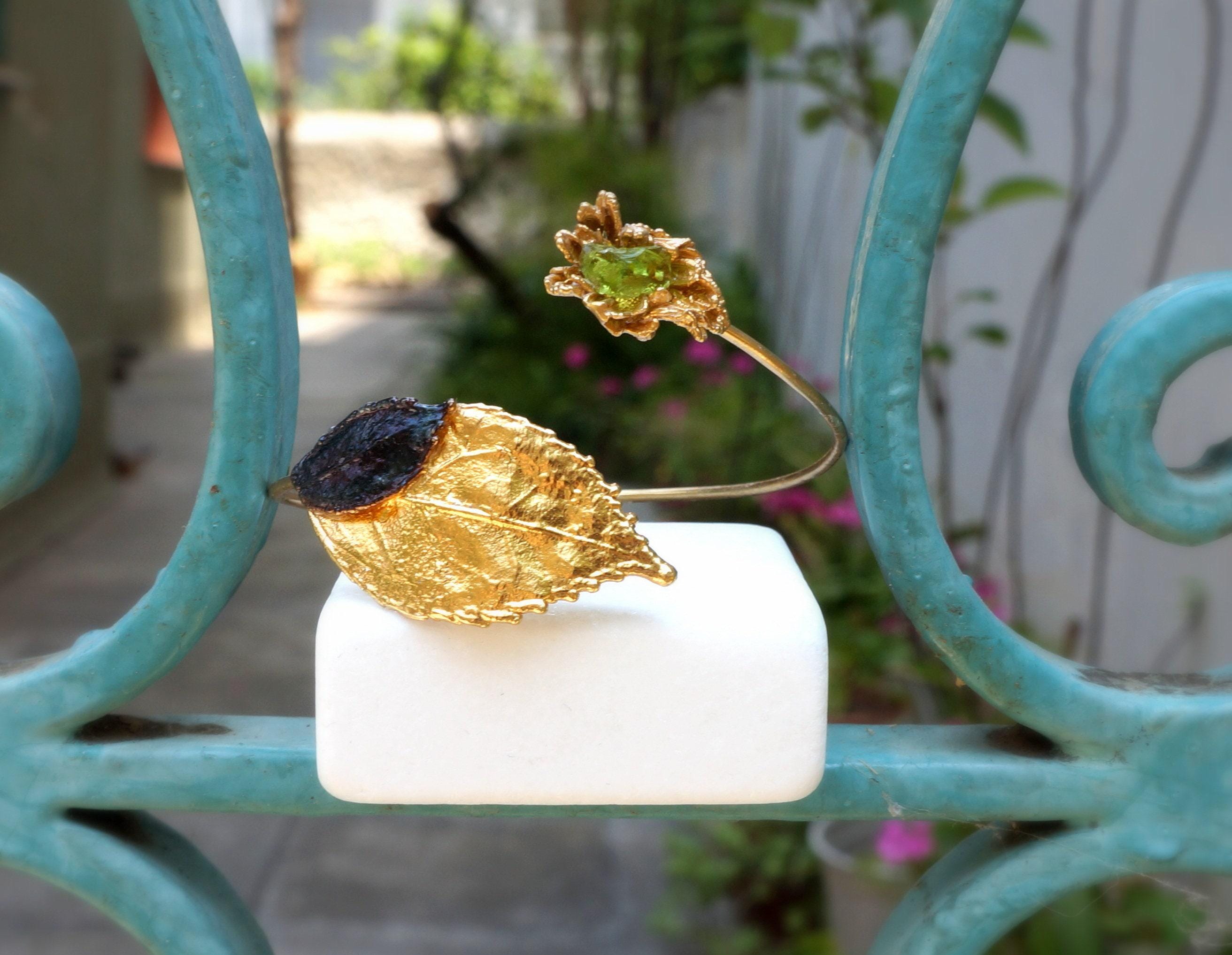 Gold Leaf Cuff Bracelet - Real Flowers with Green Murano Stone