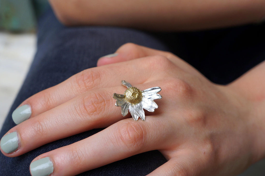 Real Daisy Flower Silver Ring, Handmade Nature Jewelry, Organic Botanical Band, Unique Gift for Nature Lovers, Sterling Silver 925