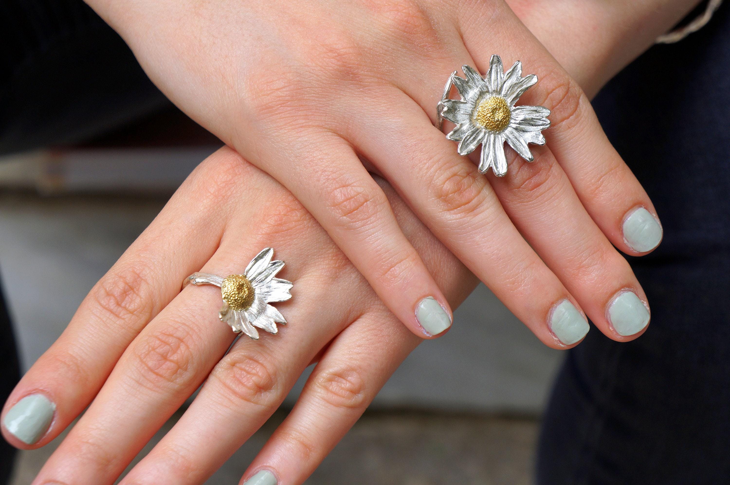 Floral Statement Ring: Real Daisy in Recycled Silver (Eco Friendly)
