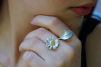 Nature Inspired Ring: Daisy and Rose Leaf Twig - Recycled Silver