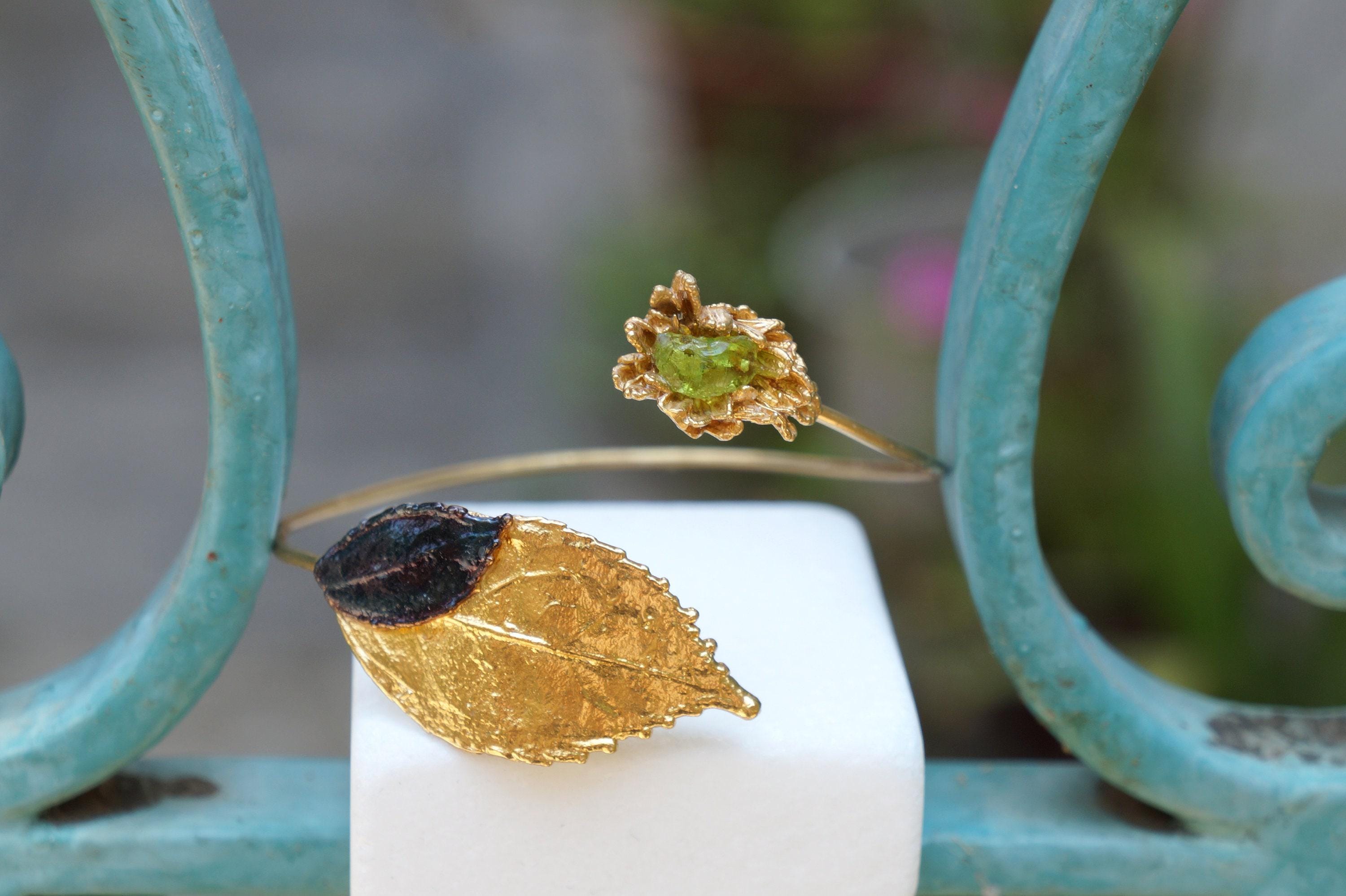 Gold Leaf Cuff Bracelet - Real Flowers with Green Murano Stone