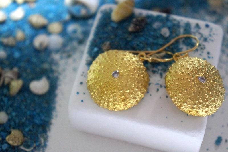 Sea Urchin Earrings: Beach Inspired Jewelry (Gold Plated Silver)