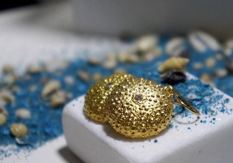Sea Urchin Earrings: Beach Inspired Jewelry (Gold Plated Silver)