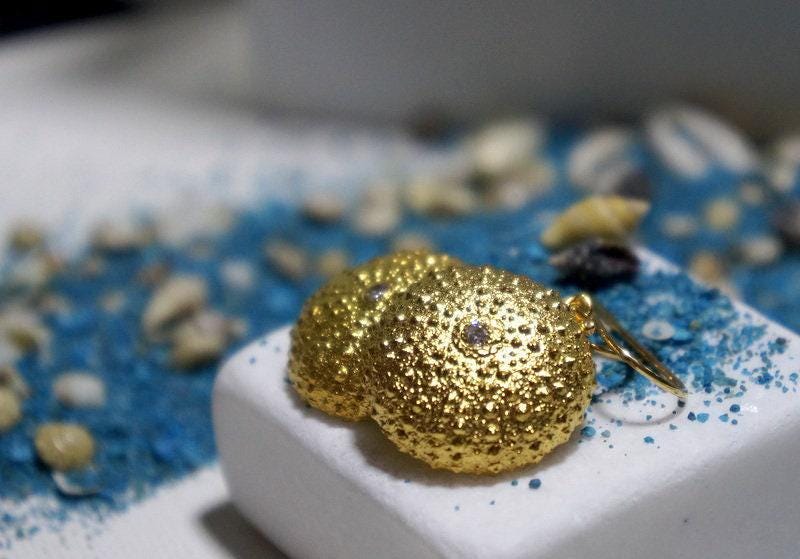 Sea Urchin Earrings: Gold-Plated Brass, Zircon Accent - Beach Wedding Look