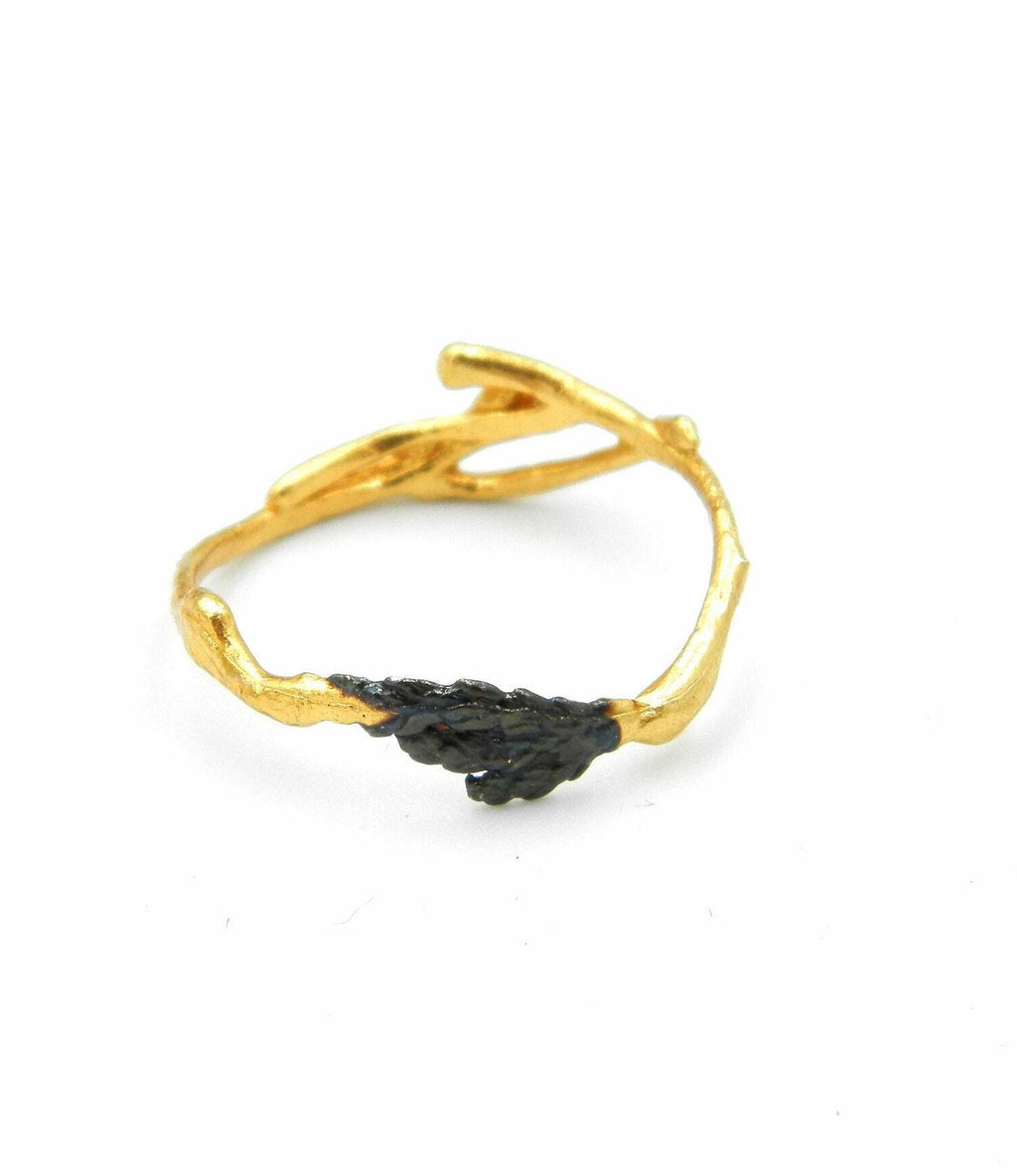 Minimalist Twig Ring - Gold Plated Sterling Silver with Leaf Detail
