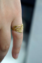 Jasmine Flower Twig Ring, Gold Plated Sterling Silver (Thin Band)