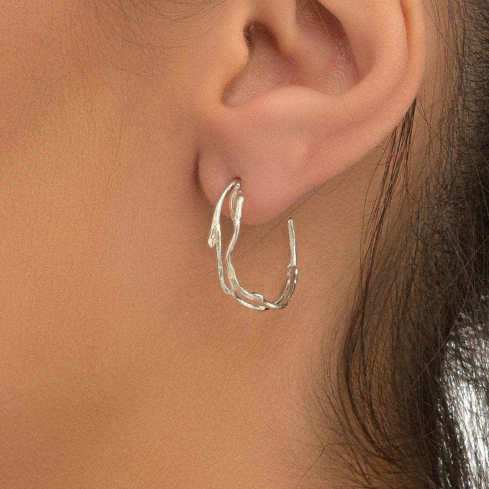 Nature-Inspired Sterling Silver Hoop Earrings, Jasmine Branch Detail (Lightweight)