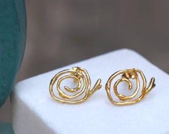 Nature-Inspired Spiral Stud Earrings, Jasmine Twig (Gold Plated)