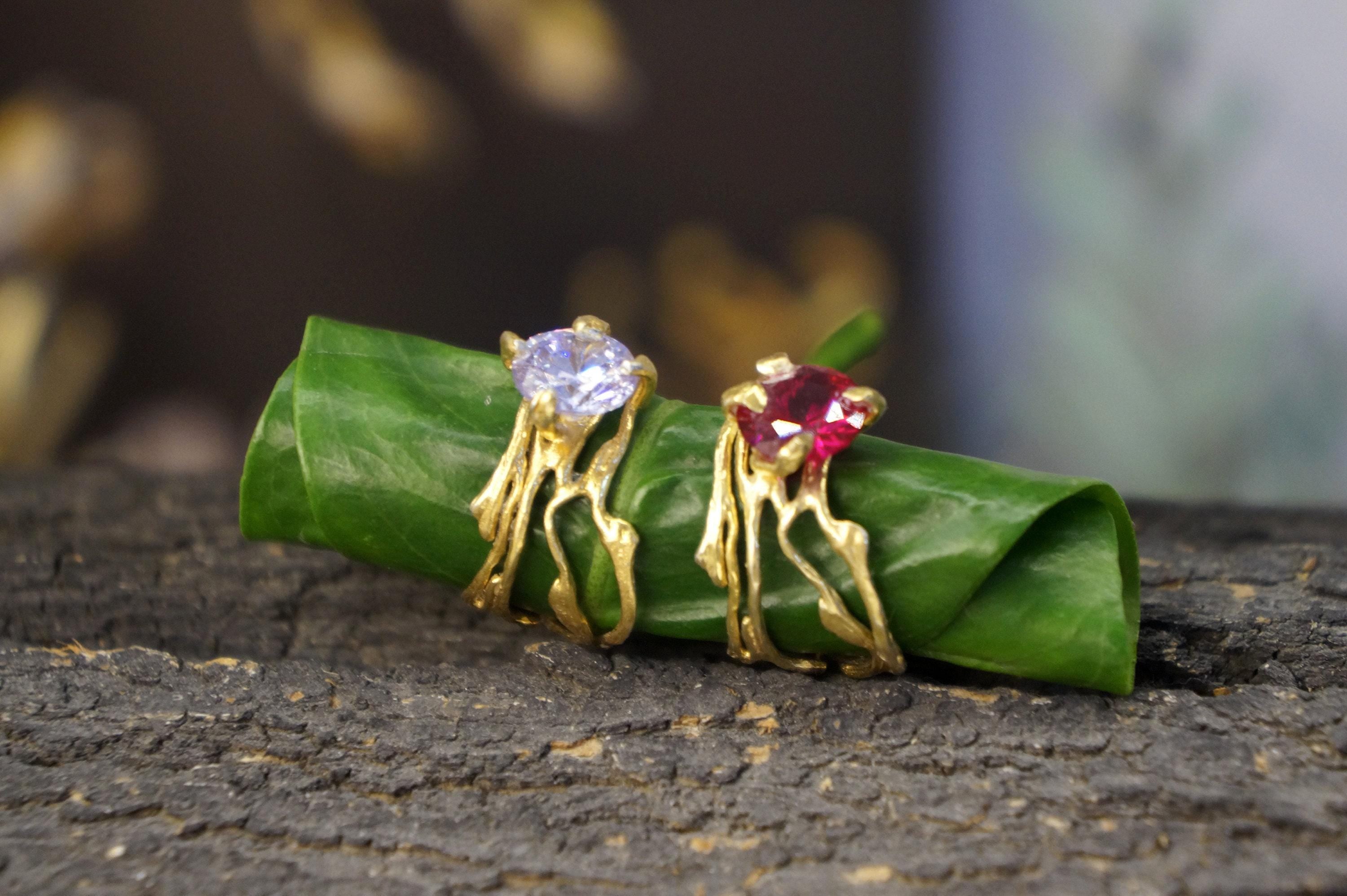 Nature-Inspired Jasmine Twig Ring, Gold-Plated Silver (Zircon)