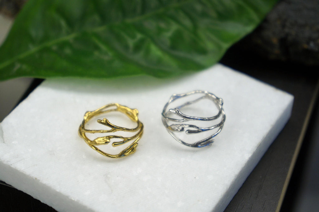 Jasmine Flower Twig Ring, Gold Plated Sterling Silver (Thin Band)