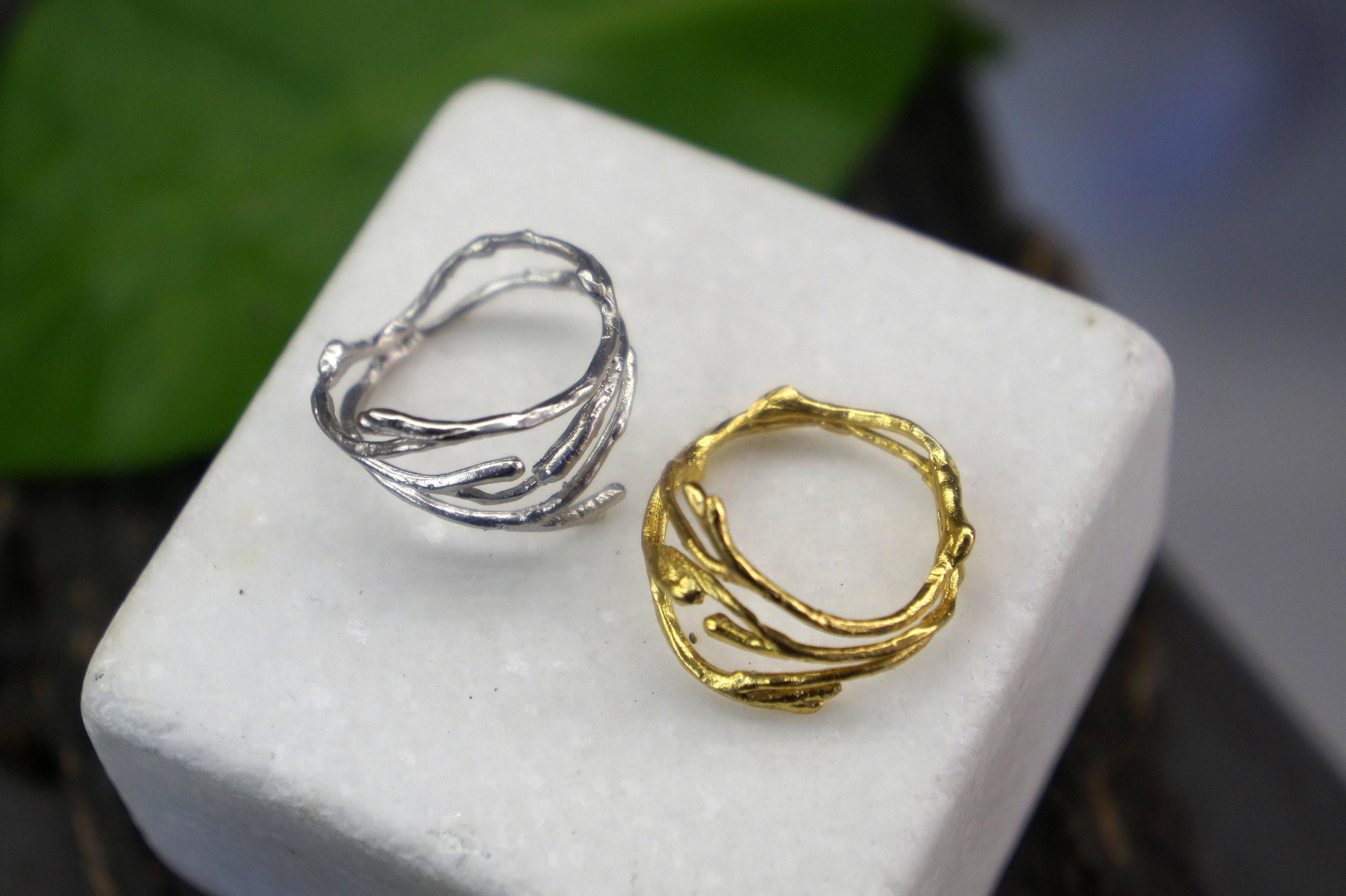 Silver Jasmine Ring, Gold-Plated Sterling Silver Ring, Jasmine Branch Ring, Handmade Boho Jewelry, Gift for Her, Birthday Gift for Women
