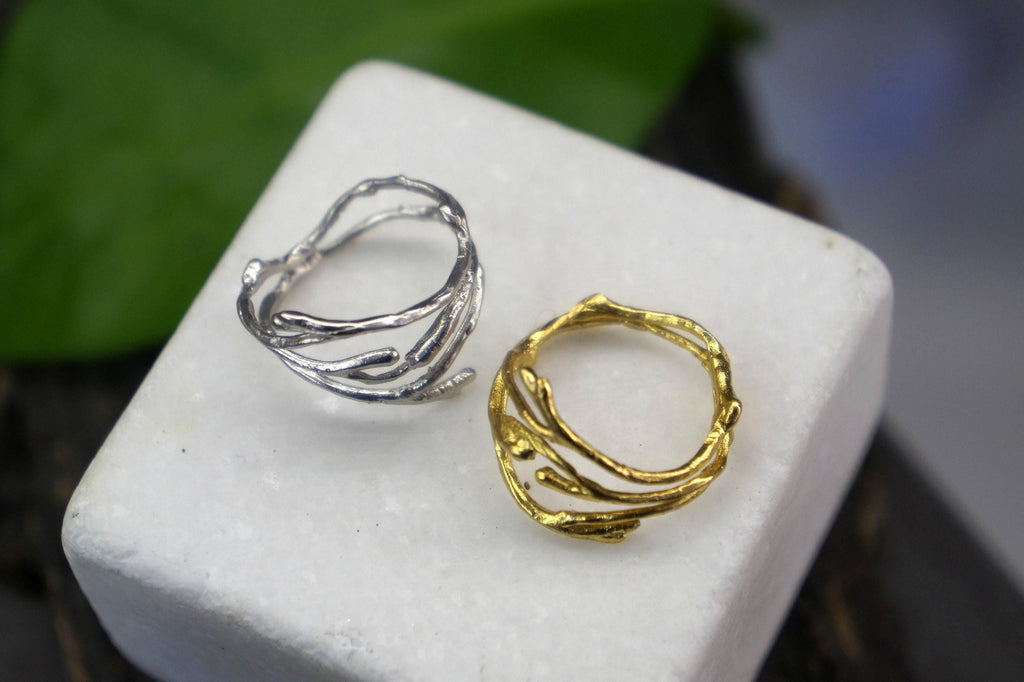 Silver Jasmine Ring, Gold-Plated Sterling Silver Ring, Jasmine Branch Ring, Handmade Boho Jewelry, Gift for Her, Birthday Gift for Women