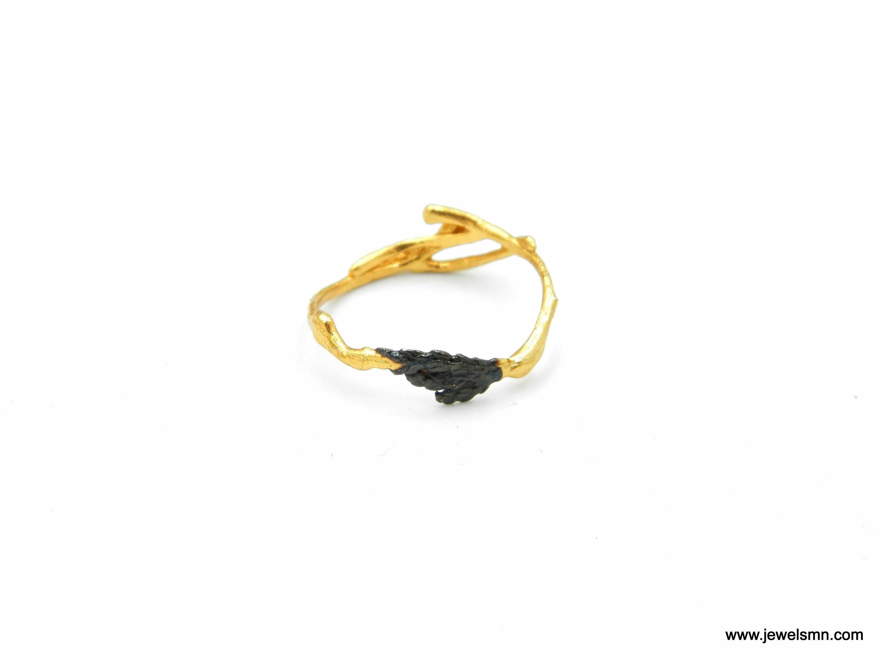 Minimalist Twig Ring - Gold Plated Sterling Silver with Leaf Detail