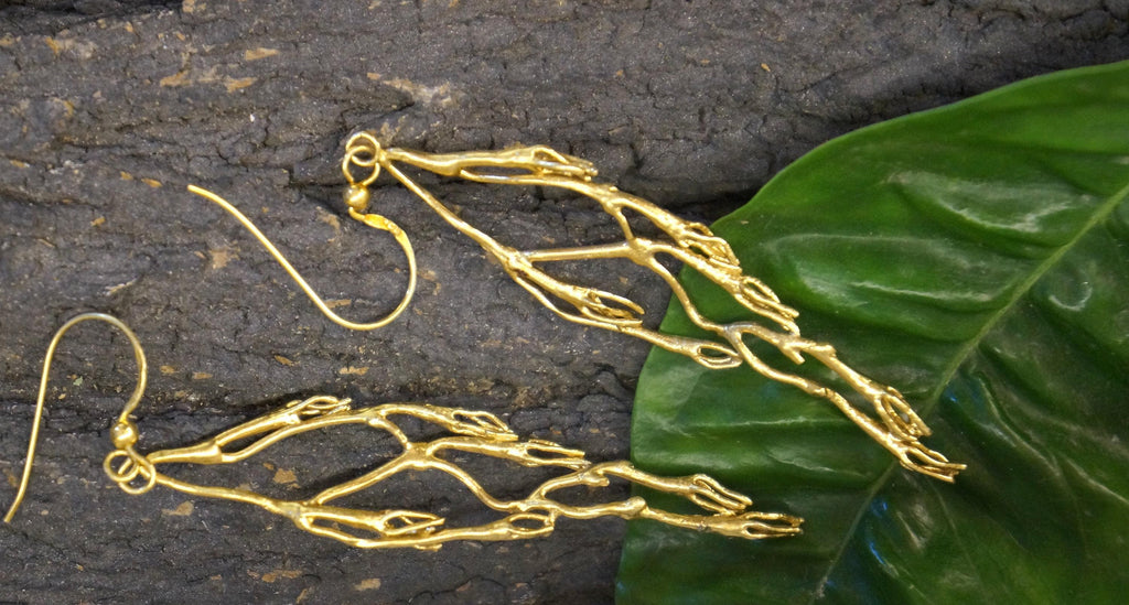 Sterling Silver Jasmine Twig Earrings: 14k Gold Plated, Long Dangle