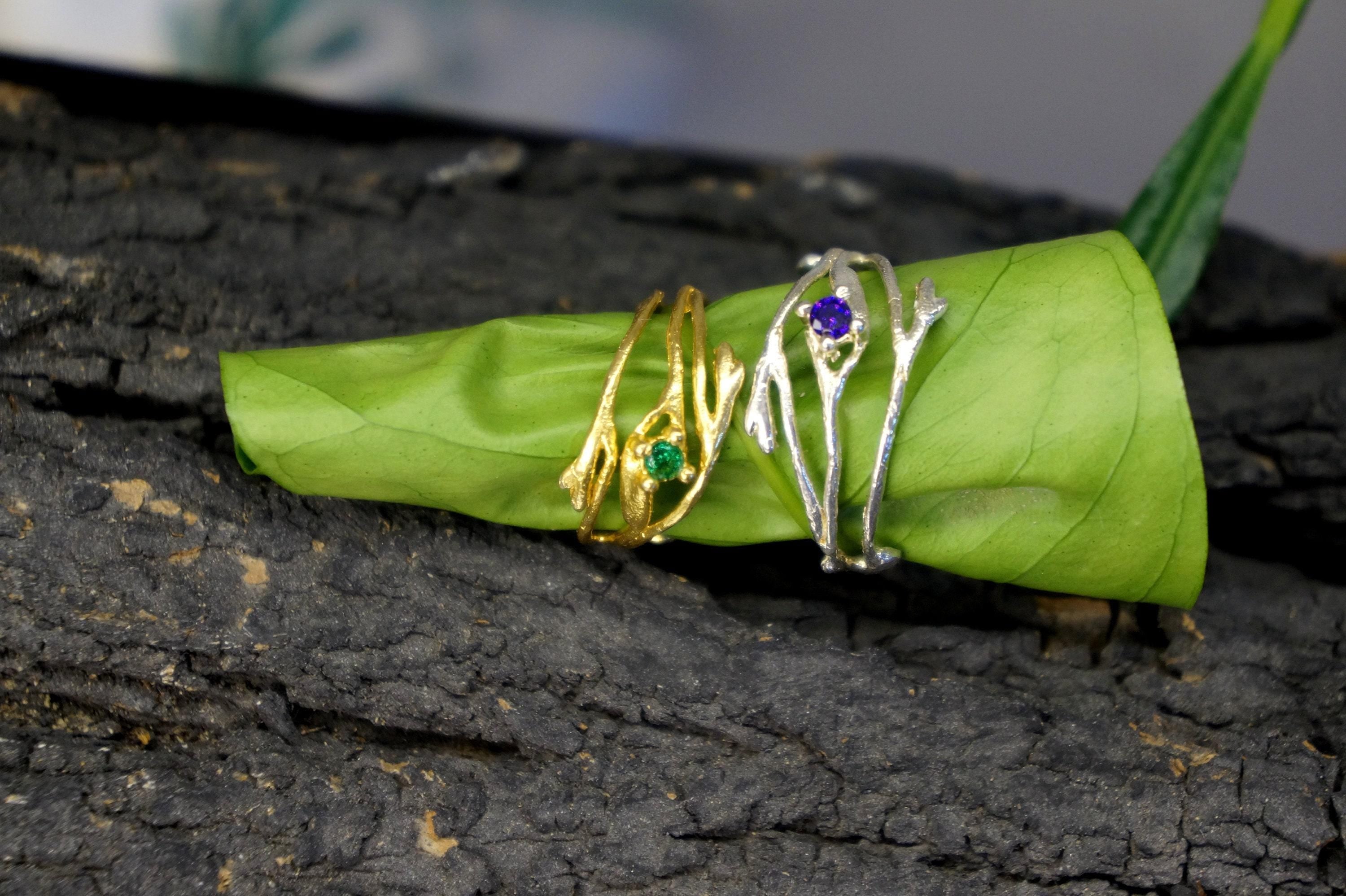 Nature-Inspired Twig Ring, Jasmine Branch with Zircon (Sterling Silver)