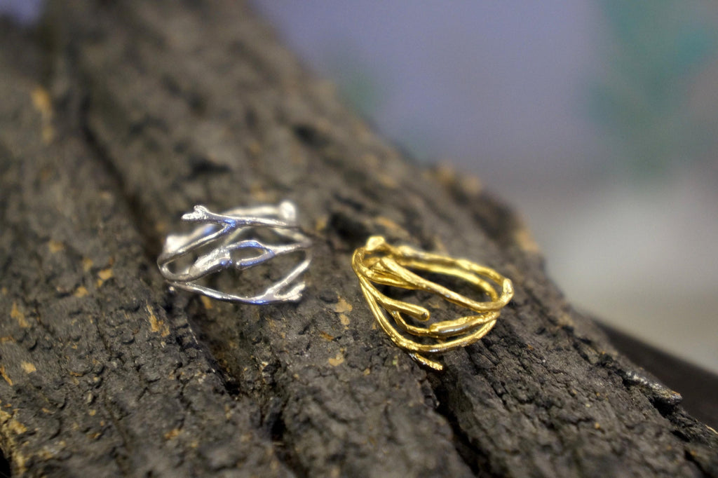 Silver Jasmine Ring, Gold-Plated Sterling Silver Ring, Jasmine Branch Ring, Handmade Boho Jewelry, Gift for Her, Birthday Gift for Women