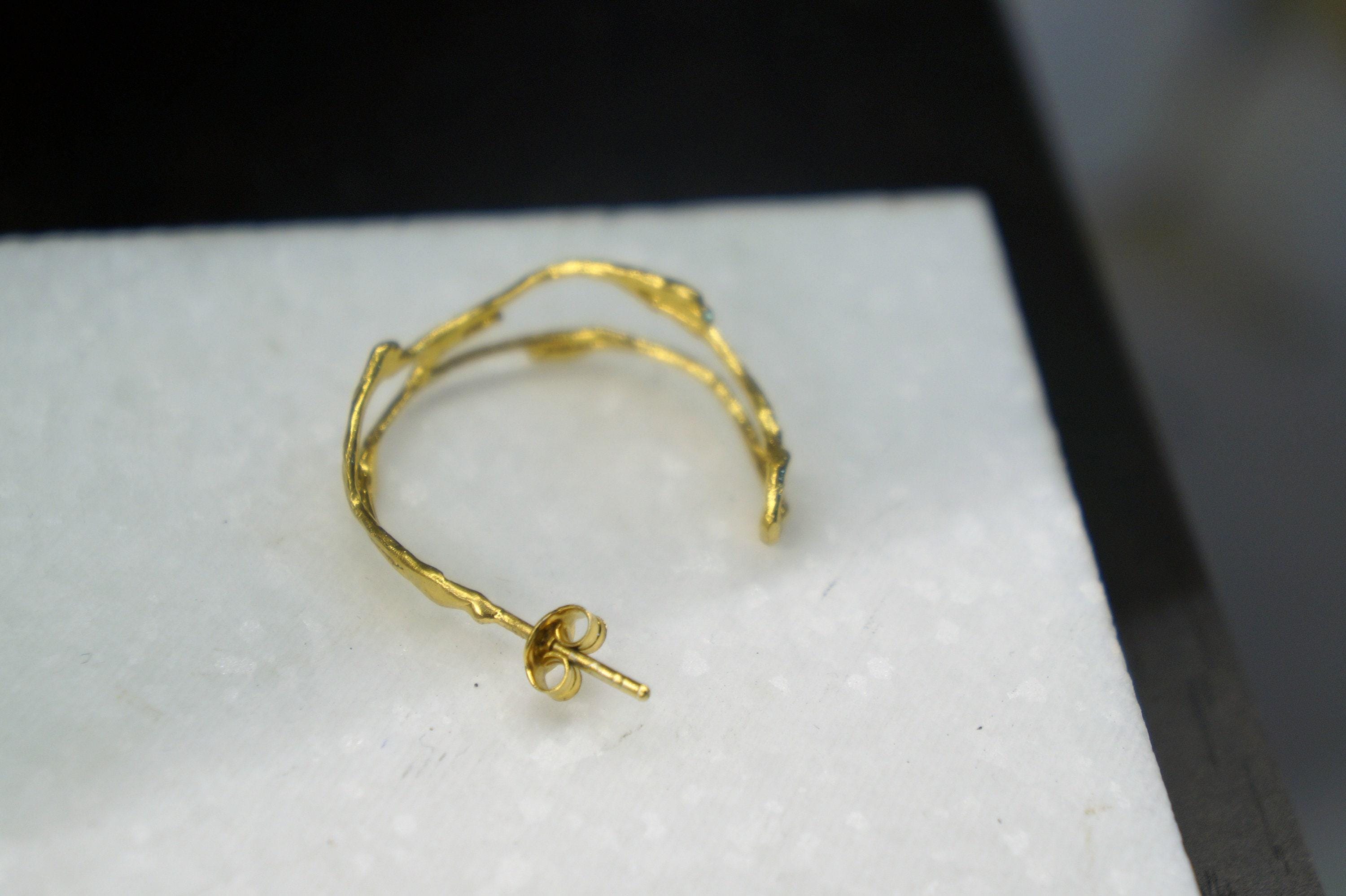 Silver Branch Earrings, Gold-Plated Sterling Silver Jewelry, Hoop Earrings, Gift for Her, Birthday Gift for Women, Handmade Jewelry