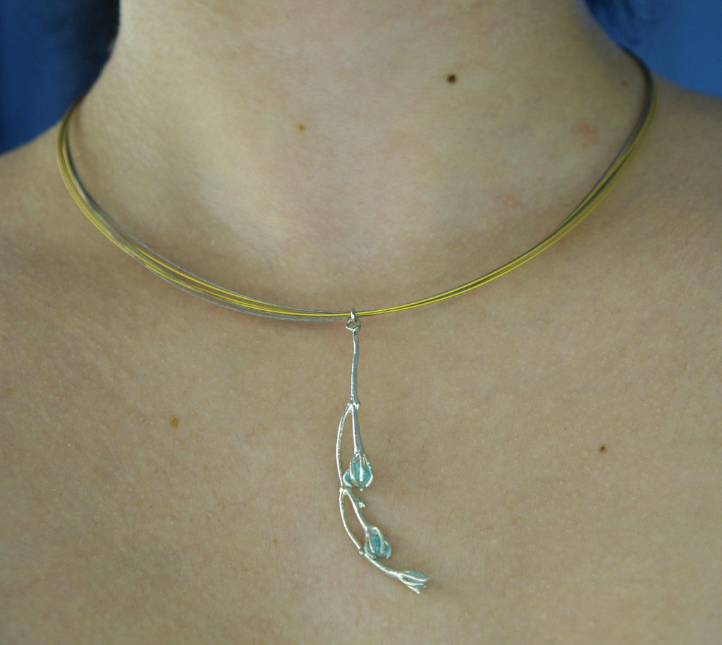 Real Jasmine Twig Statement Necklace with Blue Murano Glass, Handmade Statement Jewelry, Organic Botanical Pendant, Unique Gift for Nature Lovers, Sterling Silver 925