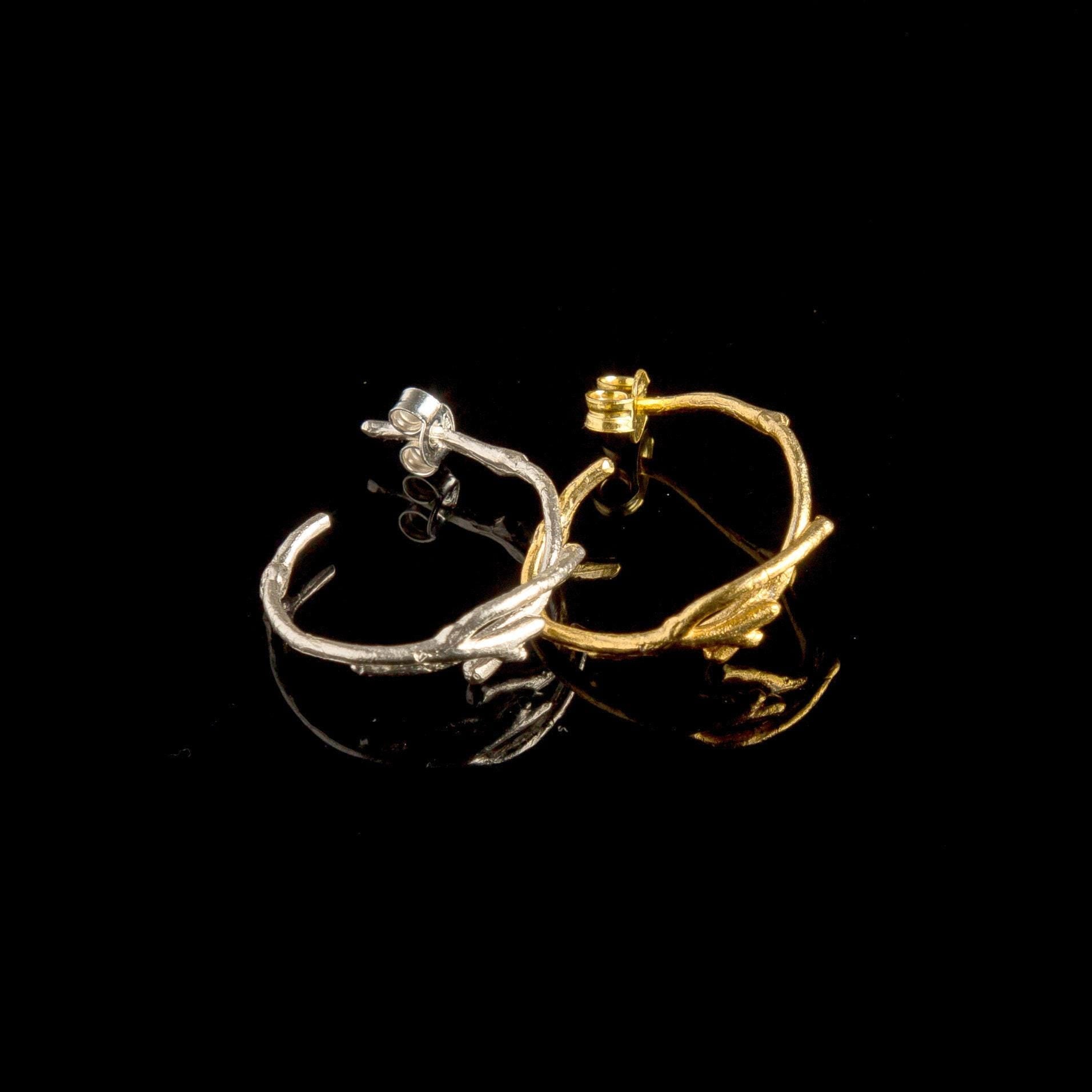 Gold Jasmine Branch Earrings, Gold-Plated Sterling Silver Jewelry, Hoop Earrings, Gift for Her, Birthday Gift for Women, Handmade Jewelry